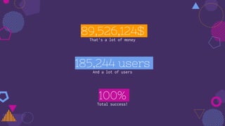 89,526,124$
That’s a lot of money
100%
Total success!
185,244 users
And a lot of users
 