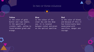 In two or three columns
Yellow
Is the color of gold,
butter and ripe lemons.
In the spectrum of
visible light, yellow is
found between green and
orange.
Blue
Is the colour of the
clear sky and the deep
sea. It is located
between violet and green
on the optical spectrum.
Red
Is the color of blood,
and because of this it
has historically been
associated with
sacrifice, danger and
courage.
 
