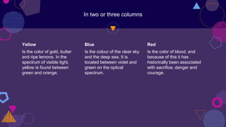 In two or three columns
Yellow
Is the color of gold, butter
and ripe lemons. In the
spectrum of visible light,
yellow is found between
green and orange.
Blue
Is the colour of the clear sky
and the deep sea. It is
located between violet and
green on the optical
spectrum.
Red
Is the color of blood, and
because of this it has
historically been associated
with sacrifice, danger and
courage.
 