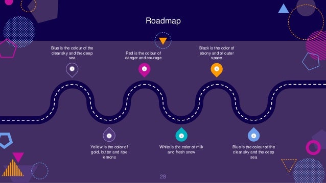 Roadmap
28
1 3 5
6
4
2
Blue is the colour of the
clear sky and the deep
sea
Red is the colour of
danger and courage
Black is the color of
ebony and of outer
space
Yellow is the color of
gold, butter and ripe
lemons
White is the color of milk
and fresh snow
Blue is the colour of the
clear sky and the deep
sea
 