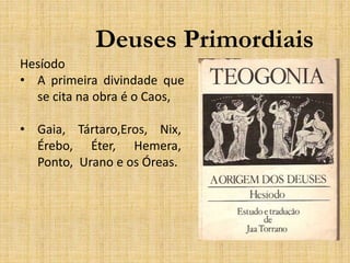 Deuses Primordiais
Hesíodo
• A primeira divindade que
se cita na obra é o Caos,
• Gaia, Tártaro,Eros, Nix,
Érebo, Éter, Hemera,
Ponto, Urano e os Óreas.
 