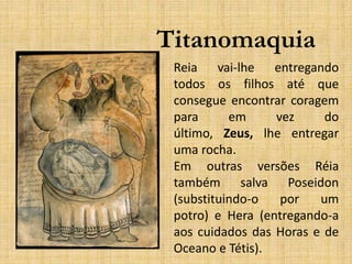 Titanomaquia
Reia vai-lhe entregando
todos os filhos até que
consegue encontrar coragem
para em vez do
último, Zeus, lhe entregar
uma rocha.
Em outras versões Réia
também salva Poseidon
(substituindo-o por um
potro) e Hera (entregando-a
aos cuidados das Horas e de
Oceano e Tétis).
 