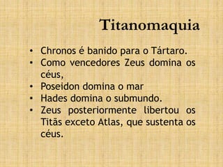 Titanomaquia
• Chronos é banido para o Tártaro.
• Como vencedores Zeus domina os
céus,
• Poseidon domina o mar
• Hades domina o submundo.
• Zeus posteriormente libertou os
Titãs exceto Atlas, que sustenta os
céus.
 