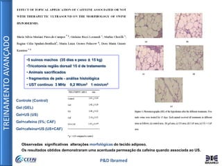 TREINAMENTOAVANÇADO
P&D Ibramed
Controle (Control)
Gel (GEL)
Gel+US (US)
Gel+cafeína (5%; CAF)
Gel+cafeína+US (US+CAF)
Observadas significativas alterações morfológicas do tecido adiposo.
Os resultados obtidos demonstraram uma acentuada permeação da cafeína quando associada ao US.
•5 suínos machos (35 dias e peso ± 15 kg)
•Tricotomia região dorsal/ 15 d de tratamento
• Animais sacrificados
• fragmentos de pele - análise histológica
• UST contínuo 3 MHz 0,2 W/cm2 1 min/cm2
 