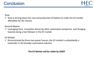 Conclusion
Tesla
 Tesla is driving down the cost and production of battery to make the EV market
affordable for the masses
General Motors
 Leveraging from innovation driven by other automotive companies and charging
towards being a fast follower in the EV market.
EV Market
 Demonstrated by these two power houses ,the EV market is undoubtedly a
contender in the broader automotive industry.
The EV Market will be viable by 2020?
 