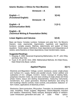 Islamic Studies or Ethics for Non-Muslims

2(2-0)

Annexure – A
English – I
(Functional English)

3(3-0)
Annexure – B

English – II
(Communication Skill)

3 (2-1)

English – III
(Technical Writing & Presentation Skills)
Linear Algebra and Calculus

3(3-0)

Basic set theory: Complex numbers: Cartesian and polar form, De Moivre’s
theorem, roots, exponential, trigonometric, hyperbolic and logarithmic
functions’, complex powers. Matrices, determinants and system of linear
equations. Vector spaces: Definitions, linear dependence and independence of
vectors, some theorems on linear dependence, linear transformation, bases.

Suggested Readings:
1. Kreyszig, E. 2000. Advanced Engineering Mathematics, Ed. 8th, John Wiley
and Sons, New York.
2. Yusuf, S. M. and M. Amin. 2002. Mathematical Methods, Ilmi Kitab Khana,
Kabir Street Urdu Bazar, Lahore.

Applied Physics

3(2-1)

Electricity and Magnetism: Voltage, current, resistance, power, single phase
and 3-phase A.C. supply. Series and parallel circuits. Vector addition and
subtraction of A.C. voltages. A.C/D.C. motors: Concept of rotating fields,
polyphase induction motor, lap and wave winding of single phase and three
phase motors, torque and starting characteristics, measuring instruments,
transformers. A.C. power generators. Electrical distribution and wiring for
farm buildings. Electric controls, motor controls, and protection. Selection of
farm motors, applications of electricity at farm.
Electronics: Semi-conductors, PN-junction; Transistor; its characteristics and
uses; Amplifiers; Power supplies; Magnetism: Electro-Megnetic induction
and radiation; Radioactivity: Radio isotopes; Biological effects of radiation;
Laser: Introduction, generation and uses of
Laser.
Fiber
optics–
36

 