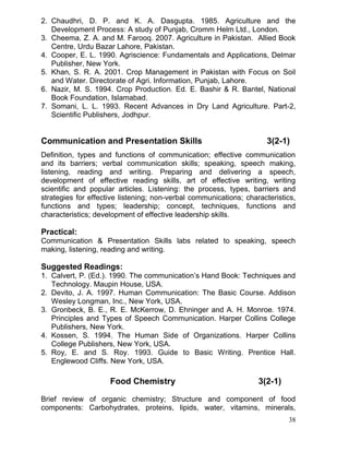 2. Chaudhri, D. P. and K. A. Dasgupta. 1985. Agriculture and the
Development Process: A study of Punjab, Cromm Helm Ltd., London.
3. Cheema, Z. A. and M. Farooq. 2007. Agriculture in Pakistan. Allied Book
Centre, Urdu Bazar Lahore, Pakistan.
4. Cooper, E. L. 1990. Agriscience: Fundamentals and Applications, Delmar
Publisher, New York.
5. Khan, S. R. A. 2001. Crop Management in Pakistan with Focus on Soil
and Water. Directorate of Agri. Information, Punjab, Lahore.
6. Nazir, M. S. 1994. Crop Production. Ed. E. Bashir & R. Bantel, National
Book Foundation, Islamabad.
7. Somani, L. L. 1993. Recent Advances in Dry Land Agriculture. Part-2,
Scientific Publishers, Jodhpur.

Communication and Presentation Skills

3(2-1)

Definition, types and functions of communication; effective communication
and its barriers; verbal communication skills; speaking, speech making,
listening, reading and writing. Preparing and delivering a speech,
development of effective reading skills, art of effective writing, writing
scientific and popular articles. Listening: the process, types, barriers and
strategies for effective listening; non-verbal communications; characteristics,
functions and types; leadership; concept, techniques, functions and
characteristics; development of effective leadership skills.

Practical:
Communication & Presentation Skills labs related to speaking, speech
making, listening, reading and writing.

Suggested Readings:
1. Calvert, P. (Ed.). 1990. The communication’s Hand Book: Techniques and
Technology. Maupin House, USA.
2. Devito, J. A. 1997. Human Communication: The Basic Course. Addison
Wesley Longman, Inc., New York, USA.
3. Gronbeck, B. E., R. E. McKerrow, D. Ehninger and A. H. Monroe. 1974.
Principles and Types of Speech Communication. Harper Collins College
Publishers, New York.
4. Kossen, S. 1994. The Human Side of Organizations. Harper Collins
College Publishers, New York, USA.
5. Roy, E. and S. Roy. 1993. Guide to Basic Writing. Prentice Hall.
Englewood Cliffs. New York, USA.

Food Chemistry

3(2-1)

Brief review of organic chemistry; Structure and component of food
components: Carbohydrates, proteins, lipids, water, vitamins, minerals,
38

 