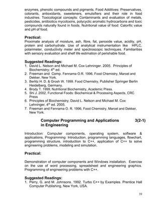 enzymes, phenolic compounds and pigments. Food Additives: Preservatives,
colorants, antioxidants, sweeteners, emulsifiers and their role in food
industries. Toxicological concepts: Contaminants and evaluation of metals,
pesticides, antibiotics mycotoxins, polycyclic aromatic hydrocarbons and toxic
compounds naturally found in foods. Nutritional value of food: Calorific value
and pH of food.

Practical:
Proximate analysis of moisture, ash, fibre, fat, peroxide value, acidity, pH,
protein and carbohydrate. Use of analytical instrumentation like HPLC,
polarimeter, conductivity meter and spectroscopic techniques. Familiarities
with sensory evaluation and shelf life estimation of perishable food.

Suggested Readings:
1. David L. Nelson and Michael M. Cox Lehninger. 2005. Principles of
Biochemistry; 4th ed.
2. Freeman and Comp. Fennama O.R. 1996, Food Chemistry, Marcel and
Dekker, New York.
3. Berlitz H. D. & Grosh W. 1999. Food Chemistry, Publisher Springer Berlin
Heidelberg, Germany.
4. Brody T. 1999, Nutritional Biochemistry, Academic Press.
5. Shi J. 2002, Functional Foods: Biochemical & Processing Aspects, CRC
Press
6. Principles of Biochemistry; David L. Nelson and Michael M. Cox
Lehninger, 4th ed. 2005.
7. Freeman and Fennama O. R. 1996, Food Chemistry, Marcel and Dekker,
New York.

Computer Programming and Applications
in Engineering

3(2-1)

Introduction: Computer components, operating system, software &
applications, Programming: Introduction, programming languages, flowchart,
programming structure, introduction to C++, application of C++ to solve
engineering problems, modeling and simulation.

Practical:
Demonstration of computer components and Windows installation. Exercise
on the use of word processing, spreadsheet and engineering graphics.
Programming of engineering problems with C++.

Suggested Readings:
1. Perry, G. and M. Johnsons. 1992. Turbo C++ by Examples. Prentice Hall
Computer Publishing, New York, USA.
39

 