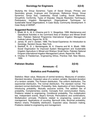 Sociology for Engineers

2(2-0)

Studying the Group Dynamics; Types of Social Groups, Primary and
Secondary groups, In-groups and Out-groups, Reference Group; Group
Dynamics; Group Size, Leadership, Social Loafing, Social Dilemmas,
Groupthink, Conformity. Types of Disputes: Dispute Resolution Techniques;
Participatory Irrigation Management; Organizational Techniques for
Sustainable Social Organizations: A Case Study; Community Development: A
Case Study of AKRSP.

Suggested Readings:
1. Bhatti, M. A., M. A. Cheema and G. V. Skogerboe. 1999. Maintenance and
Operational Activities in the Command Area of Shahpur and Mirwal Small
Dam. Pakistan National Programme International Irrigation Management
Institute Lahore. Report No. R-78.
2. James, W. and V. Zanden. 1988. The Social Experience: An Introduction to
Sociology. Random House, New York.
3. Starkloff, R., D. J. Bandaragoda, M. A. Cheema and M. A. Bhatti. 1999.
Social Organization for Improved System Management and Sustainable
Irrigation Agriculture in Mirwal and Shahpur Small Dams. Pakistan National
Program International Irrigation Management Lahore. Report No. R-80.
4. Charles D Fledderman, Engineering Ethics, Prentice Hall, New Mexico,
1999.

Pakistan Studies

2(2-0)
Annexure - C

Statistics and Probability

3(2-1)

Statistics: Mean value, Measures of central tendency, Measures of variation,
Standard deviation, Expected value of a random variable, Standard deviation
of a random variable, The Poisson distribution, The uniform distribution, The
exponential distribution, The normal distribution, The standard normal, The
standard normal distribution. Probability: Sets, Application of Venn Diagrams,
Introducing probability, Mutually exclusive events, The addition law of
probability, Complementary events, Concepts from communication theory,
Problems related to engineering, Conditional probability, The multiplication
law, Independent events, Baye’s formula, Permutations and combinations,
Multiplication principle, Problems related to engineering, science and
management, Applications of counting, Bernoulli trials, Binomial probability,
Markov chains, Probability distribution, Expected value, Decision making,
Problems related to engineering and management.

41

 