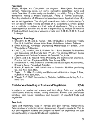 Practical:
Simple, Multiple and Component bar diagram. Historigram, Frequency
polygon, Frequency curve, c.f. curve, cumulative percentage curve and
locate Quantiles. Problem assignments relating probability. Fitting a Binomial
distribution. Fitting a Poison distribution. Fitting a Normal distribution.
Sampling distribution of difference between two means. Application/use of t2

test for Null hypothesis. Test of significance of association of attributes by x test (chi-square test). Testing goodness of fit. Calculating a simple, partial
and a multiple correlation and their tests of significance. Fitting a simple
linear regression equation and its test of significance by Analysis of Variance
(F-test) and t-test. Analysis of variance of data from C. R. D., R. C. B. D. and
L. S. design.

Suggested Readings:
1. Choudhry, S. M. and S. Kamal. 1998. Introduction to Statistical Theory
Part I & II; Ilmi Kitab Khana, Kabir Street, Urdu Bazar, Lahore, Pakistan.
2. Erwin Kreyszig, Advanced Engineering Mathematics 8th Edition, John
Wiley & Sons Publication.
3. Lind, D., W. Marchal, and S. Wathen. 2011. Basic Statistics for Business
and Economics with Formula Card (7th ed.). The McGraw-Hill/Irwin Series
Operations and Decision Sciences, McGraw-Hill Co., India.
4. Miller I. and J. E. Freund. 1985. Probability and Statistics for Engineers.
Prentice Hall, Inc., Englewood Cliffs, New Jersey, USA.
5. Muhammad, F. 1999. Statistical Methods and data analysis; Kitab Markaz,
Bhowana Bazar, Faisalabad, Pakistan.
6. Ronald E. Walpole. 1982. Introduction to Statistics; McMillan publishing
Co., Inc. New York. USA.
7. Taylor, L. D. 1974. Probability and Mathematical Statistics. Harper & Row,
Publishers New York, USA.
8. Walpole R. E. 1982. Introduction to Statistics, McMillan publishing Co, Inc.
New York.

Post-harvest handling of Fruits and Vegetables

3(2-1)

Importance of postharvest science and technology; fruits and vegetable
classification; maturity indices, quality standards, harvest and postharvest
handling, pack house operations and transport of important fruits and
vegetables.

Practical:
Tools and machinery used in harvest and post harvest management;
Determination of maturity indices; Assessment of quality standards; Visit to
fruit and vegetable markets and progressive farms for experience inn post
harvest handling of important fruits and vegetables.
42

 