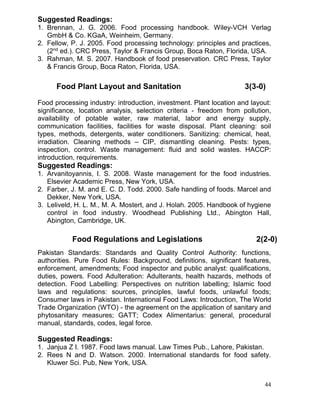 Suggested Readings:
1. Brennan, J. G. 2006. Food processing handbook. Wiley-VCH Verlag
GmbH & Co. KGaA, Weinheim, Germany.
2. Fellow, P. J. 2005. Food processing technology: principles and practices,
(2nd ed.). CRC Press, Taylor & Francis Group, Boca Raton, Florida, USA.
3. Rahman, M. S. 2007. Handbook of food preservation. CRC Press, Taylor
& Francis Group, Boca Raton, Florida, USA.

Food Plant Layout and Sanitation

3(3-0)

Food processing industry: introduction, investment. Plant location and layout:
significance, location analysis, selection criteria - freedom from pollution,
availability of potable water, raw material, labor and energy supply,
communication facilities, facilities for waste disposal. Plant cleaning: soil
types, methods, detergents, water conditioners. Sanitizing: chemical, heat,
irradiation. Cleaning methods – CIP, dismantling cleaning. Pests: types,
inspection, control. Waste management: fluid and solid wastes. HACCP:
introduction, requirements.

Suggested Readings:
1. Arvanitoyannis, I. S. 2008. Waste management for the food industries.
Elsevier Academic Press, New York, USA.
2. Farber, J. M. and E. C. D. Todd. 2000. Safe handling of foods. Marcel and
Dekker, New York, USA.
3. Leliveld, H. L. M., M. A. Mostert, and J. Holah. 2005. Handbook of hygiene
control in food industry. Woodhead Publishing Ltd., Abington Hall,
Abington, Cambridge, UK.

Food Regulations and Legislations

2(2-0)

Pakistan Standards: Standards and Quality Control Authority: functions,
authorities. Pure Food Rules: Background, definitions, significant features,
enforcement, amendments; Food inspector and public analyst: qualifications,
duties, powers. Food Adulteration: Adulterants, health hazards, methods of
detection. Food Labelling: Perspectives on nutrition labelling; Islamic food
laws and regulations: sources, principles, lawful foods, unlawful foods;
Consumer laws in Pakistan. International Food Laws: Introduction, The World
Trade Organization (WTO) - the agreement on the application of sanitary and
phytosanitary measures; GATT; Codex Alimentarius: general, procedural
manual, standards, codes, legal force.

Suggested Readings:
1. Janjua Z I. 1987. Food laws manual. Law Times Pub., Lahore, Pakistan.
2. Rees N and D. Watson. 2000. International standards for food safety.
Kluwer Sci. Pub, New York, USA.
44

 