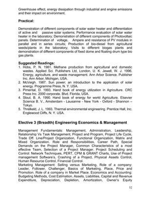 Greenhouse effect, energy dissipation through industrial and engine emissions
and their impact on environment.

Practical:
Demonstration of different components of solar water heater and differentiation
of active and passive solar systems; Performance evaluation of solar water
heater in the laboratory; Demonstration of different components of Photovoltaic
panels. Determination of voltage, Ampere and resistance of PV modules in
parallel and in series circuits; Production of bio-diesel from agricultural
seeds/plants in the laboratory; Visits to different biogas plants and
demonstration of different components of fixed dome and floating drum type bio
gas plants.

Suggested Readings:
1. Hobs, P. N. 1981. Methane production from agricultural and domestic
wastes. Applied Sci. Publishers Ltd, London, U. K. Jewell, W. J. 1996.
Energy, agriculture, and waste management. Ann Arbor Science. Publisher
Inc. Ann Arbor, Michigan, USA.
2. McVeigh. 1987. Sun power; an introduction to the application of solar
energy. Programme Press, N. Y. USA.
3. Pimental, D. 1993. Hand book of energy utilization in Agriculture. CRC
Press Inc. 2000 corporate. Blvd. Florida, USA.
4. Stout, B. A. 1990. Hand book of energy for world Agriculture. Elsevier
Science B. V., Amsterdam - Lausanne - New York - Oxford - Shannon –
Tokyo.
5. Threlkeld, J. L. 1993. Thermal environmental engineering. Prentice Hall, Inc.
Englewood Cliffs, N. Y. USA.

Elective 3 (Breadth) Engineering Economics & Management
Management Fundamentals: Management, Administration, Leadership,
Relationship Vs Task Management, Project and Program, Project Life Cycle,
Trade Off. Line/Project Organization, Functional Organization, Matrix and
Mixed Organization. Role and Responsibilities, Career Path, Special
Demands on the Project Manager, Common Characteristics of a most
effective Team, Selection of a Project Manager. Project Scheduling and
Control: Network Techniques, PERT, CPM & GRANT Charts, Use of Project
management Software’s, Crashing of a Project, Physical Assets Control,
Human Resource Control, Financial Control.
Marketing Management: Selling versus Marketing, Role of a company:
Leader, Follower, Challenger, Basics of Marketing, Place, Price and
Promotion. Role of a company in Market Place. Economics and Accounting:
Budgeting Methods, Cost Estimation, Assets, Liabilities, Capital and Revenue
Expenditure, Depreciation, Depletion, Amortization, Owner’s Equity
52

 