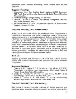 Debentures, Loan Financing, Accounting, Quards Ledgers, Profit and loss
statement.

Suggested Readings:
1. Anonymous. 2002. The Certified Quality Auditors HACCP Handbook.
ASQ Food, Drug and Cosmetic Division. ASQ Quality Press, Milwaukee
Wisconsin, USA.
2. Hand Outs on Engineering Economy and ISO 9000.
3. Meredith, J. R. and S. J. Mantel. (2000) Project Management, McGrawHill Co. Ltd. New Delhi, India.
4. Narasimha Swamy, N. (2007) Engineering Economics & Management,
Dynaram Publications, India

Elective 4 (Breadth) Food Biotechnology
Biotechnology: Introduction, history. Microbial metabolism. Developments in
metabolic and biochemical engineering: metabolites, range of fermentation
process, components of fermentation process .Isolation and preservation of
industrially important microorganisms. Industrial fermentation: media, design
and types of fomenters, process variable in fermentation, recovery,
purification of fermentation products . Production of organic acids, enzymes,
amino acids, single cell proteins, carotenoids and fermented food products.
Microbial genetics: conjugation social aspects of food biotechnology.
Recycling of agriculture waste: renewable energy generation. Genetic
concept of replication, translation and transcription in production of GMO food
ingredients: advantages and disadvantages perception.

Practical:
Isolation, purification and maintenance of yeast and bacterial cultures.
Aerobic and anaerobic fermentation and production of various fermented
food products.

Suggested Readings:
1. El-Mansi, F. M. T, Bryee, C. F. A, Demain, A. L. and Allman, A. R. 2007.
Fermentation microbiology and biotechnology. CRS press, Taylor &
Francis Group, Boca Raton, Florida, USA.
2. Shetty, K., Paliyath, G, Pometto, A. and Levin, RE.2005. Food
biotechnology .Marcel Dekker Inc., New York, USA.
3. Borem, A., Santos, F. R. and Bowen, D. E.2004. Understanding
Biotechnology. Pearson Education Inc., New Jersey, USA.

Elective 5 (Breadth) Food Biochemistry
Brief review of organic chemistry; overview of cellular structures and
processes; acids, bases and buffers; amino acids and peptide bonds; protein
53

 