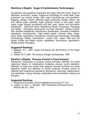 Electives 2 (Depth) Sugar & Confectionery Technologies
Composition and properties Sugarcane and sugar beet and honey, Sugar of
Molasses: production, quality; Indigenous technology for small scale sugar
production: gur, khund, shaker; Raw sugar manufacturing: unit operations,
Bagging, storage; Factors affecting sugar processing; Quality criteria: raw
and refined sugar; Specialty sugar products: brown or soft sugar, liquid
sugar; Sugar industry by-products and their uses; Caloric and non-caloric
sweeteners; Nutritional Value, Sweetening Power, Processing, Toxicology
and Safety. Packaging, By-products and their Utilization. Quality Control.
Non- Nutritive Sweeteners; Significance, classification, industries in Pakistan.
Ingredients, manufacturing - high boiled sweets, caramel, toffee, fudge,
gums; Need, ingredients, manufacture; Chewing gum technology; Chocolate
confectionery; History, manufacture - potato, nuts, cereal, meat and fish
based; Puffed and baked snacks; Ingredients, formulations, applications;
Quality control; Packaging;

Suggested Readings:
1. Delgado, A.V. 2001. Sugar Processing and By-Products of the Sugar
Industry,
2. William, W.P. 2000. The Science of Sugar Confectionery, RSC

Elective 3 (Depth) Process Control in Food Industry
Importance; introduction to process control principles; definition of control
objectives; Basics of mathematical modelling; process control elements;
definition of open and closed loop systems; transfer functions and block
diagrams; Types and selection of control schemes; Process control of
selected food engineering operations; Bioreactors, blanching, pasteurization
and sterilization, drying, freezing, evaporation and concentration, baking and
extrusion.

Suggested Readings:
1. Koughner and Couple. Process Modelling and Control (7th ed.)
2. Luyben, W. and L. L. Michael. 1997. Essentials of Process Control.
McGray Hill, Inc., USA.

56

 