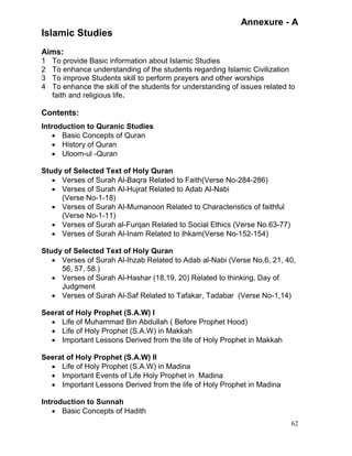 Annexure - A

Islamic Studies
Aims:
1
2
3
4

To provide Basic information about Islamic Studies
To enhance understanding of the students regarding Islamic Civilization
To improve Students skill to perform prayers and other worships
To enhance the skill of the students for understanding of issues related to
faith and religious life.

Contents:
Introduction to Quranic Studies
 Basic Concepts of Quran
 History of Quran
 Uloom-ul -Quran
Study of Selected Text of Holy Quran
 Verses of Surah Al-Baqra Related to Faith(Verse No-284-286)
 Verses of Surah Al-Hujrat Related to Adab Al-Nabi
(Verse No-1-18)
 Verses of Surah Al-Mumanoon Related to Characteristics of faithful
(Verse No-1-11)
 Verses of Surah al-Furqan Related to Social Ethics (Verse No.63-77)
 Verses of Surah Al-Inam Related to Ihkam(Verse No-152-154)
Study of Selected Text of Holy Quran
 Verses of Surah Al-Ihzab Related to Adab al-Nabi (Verse No.6, 21, 40,
56, 57, 58.)
 Verses of Surah Al-Hashar (18,19, 20) Related to thinking, Day of
Judgment
 Verses of Surah Al-Saf Related to Tafakar, Tadabar (Verse No-1,14)
Seerat of Holy Prophet (S.A.W) I
 Life of Muhammad Bin Abdullah ( Before Prophet Hood)
 Life of Holy Prophet (S.A.W) in Makkah
 Important Lessons Derived from the life of Holy Prophet in Makkah
Seerat of Holy Prophet (S.A.W) II
 Life of Holy Prophet (S.A.W) in Madina
 Important Events of Life Holy Prophet in Madina
 Important Lessons Derived from the life of Holy Prophet in Madina
Introduction to Sunnah
 Basic Concepts of Hadith
62

 
