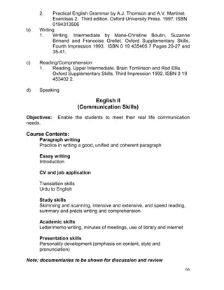 2.

b)

Practical English Grammar by A.J. Thomson and A.V. Martinet.
Exercises 2. Third edition. Oxford University Press. 1997. ISBN
0194313506
Writing
1.
Writing. Intermediate by Marie-Christine Boutin, Suzanne
Brinand and Francoise Grellet. Oxford Supplementary Skills.
Fourth Impression 1993. ISBN 0 19 435405 7 Pages 20-27 and
35-41.

c)

Reading/Comprehension
1.
Reading. Upper Intermediate. Brain Tomlinson and Rod Ellis.
Oxford Supplementary Skills. Third Impression 1992. ISBN 0 19
453402 2.

d)

Speaking

English II
(Communication Skills)
Objectives:
needs.

Enable the students to meet their real life communication

Course Contents:
Paragraph writing
Practice in writing a good, unified and coherent paragraph
Essay writing
Introduction
CV and job application
Translation skills
Urdu to English
Study skills
Skimming and scanning, intensive and extensive, and speed reading,
summary and précis writing and comprehension
Academic skills
Letter/memo writing, minutes of meetings, use of library and internet
Presentation skills
Personality development (emphasis on content, style and
pronunciation)
Note: documentaries to be shown for discussion and review
66

 
