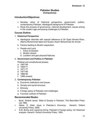 Annexure - C

Pakistan Studies
(Compulsory)

Introduction/Objectives:
 Develop vision of historical perspective, government, politics,
contemporary Pakistan, ideological background of Pakistan.
 Study the process of governance, national development, issues arising
in the modern age and posing challenges to Pakistan.

Course Outline:
1. Historical Perspective
a. Ideological rationale with special reference to Sir Syed Ahmed Khan,
Allama Muhammad Iqbal and Quaid-i-Azam Muhammad Ali Jinnah.
b. Factors leading to Muslim separatism
c. People and Land
i. Indus Civilization
ii. Muslim advent
iii. Location and geo-physical features.
2. Government and Politics in Pakistan
Political and constitutional phases:
a. 1947-58
b. 1958-71
c. 1971-77
d. 1977-88
e. 1988-99
f. 1999 onward
3. Contemporary Pakistan
a. Economic institutions and issues
b. Society and social structure
c. Ethnicity
d. Foreign policy of Pakistan and challenges
e. Futuristic outlook of Pakistan

Recommended Books:
1.
2.
3.

Burki, Shahid Javed. State & Society in Pakistan, The Macmillan Press
Ltd 1980.
Akbar, S. Zaidi. Issue in Pakistan’s Economy.
Karachi: Oxford
University Press, 2000.
S.M. Burke and Lawrence Ziring. Pakistan’s Foreign policy: An Historical
analysis. Karachi: Oxford University Press, 1993.
69

 