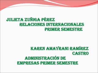 Julieta Zuñiga Pérez Relaciones Internacionales Primer Semestre Karen Amayrani Ramírez Castro Administración de empresas Primer semestre 