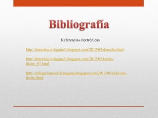 Referencias electrónicas.
http://derechocivilugma3.blogspot.com/2012/04/derecho.html
http://derechocivilugma3.blogspot.com/2012/05/hecho-
ilicito_07.html
http://obligacionescivilesugma.blogspot.com/2013/05/el-hecho-
ilicito.html
 