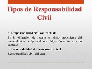 • Responsabilidad civil contractual:
Es la obligación de reparar un daño proveniente del
incumplimiento culposo de una obligación derivada de un
contrato.
• Responsabilidad civil extracontractual:
Responsabilidad civil delictual.
 