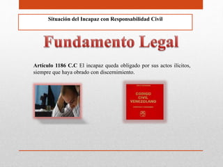 Situación del Incapaz con Responsabilidad Civil
Artículo 1186 C.C El incapaz queda obligado por sus actos ilícitos,
siempre que haya obrado con discernimiento.
 