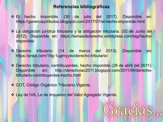 Referencias bibliográficas
 El hecho imponible. (30 de julio del 2017). Disponible en:
https://gerenciaytributos.blogspot.com/2017/07/el-hecho-imponible.html
 La obligación jurídica tributaria y la obligación tributaria. (02 de Junio del
2012). Disponible en: https://temasdederecho.wordpress.com/tag/hecho-
imponible/
 Derecho tributario. (14 de marzo del 2013). Disponible en:
https://prezi.com/19g-1ugmyydo/derecho-tributario/
 Derecho tributario, contribuyentes, hecho imponible (29 de abril del 2011).
Disponible en: http://derechoiac2011.blogspot.com/2011/04/derecho-
tributario-contribuyentes-hecho.html
 COT, Código Orgánico Tributario Vigente.
 Ley de IVA, Le de Impuesto del Valor Agregado Vigente.
 