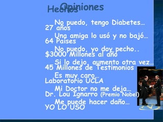 Opiniones No puedo, tengo Diabetes… Una amiga lo usó y no bajó… No puedo, yo doy pecho.. Si lo dejo, aumento otra vez… Es muy caro… Mi Doctor no me deja… Me puede hacer daño… 27 años 64 Países $3000 Millones al año 45 Millones de Testimonios Laboratorio UCLA Dr. Lou Ignarro (Premio Nobel) YO LO USO Hechos