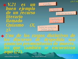 V.21 es un buen ejemplo de un recurso literario llamado Quiasmo  (  ). (20.17-38) A judíos A Griegos convertirse a Dios Creer en nuestro Señor Jesús Les he instado a Uno de los rasgos distintivos de los discursos de despedida son anuncios premonitorios de muerte, los que también se encuentran aquí (22). 