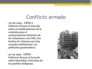 Conflicto armado23-06-1994 - URNG y Gobierno firman el Acuerdo sobre el establecimiento de la comisión para el esclarecimiento Histórico de las violaciones a los DH y los hechos de violencia que han causado sufrimientos a la población guatemalteca. 31-03-1995 - URNG - Gobierno firman el Acuerdo sobre Identidad y Derechos de los pueblos Indígenas.