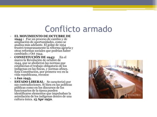 Conflicto armadoEL MOVIMIENTO DE OCTUBRE DE 1944 :   Fue un proceso de cambio y de ampliación de oportunidades, como se analiza más adelante. El golpe de 1954 frustró tempranamente la reforma agraria y otras reformas sociales que podrían haber cambiado.1 Oct 1944.CONSTITUCIÓN DE 1945:      En el marco la Revolución de octubre de 1944, que se abolieron las normas que establecían el trabajo obligatorio de los indígenas en las fincas, y normas afines. Esta Constitución, por primera vez en la vida republicana, reconoc1 Jan 1945.ESTADO LIBERAL:   Se caracterizó por sus contradicciones. Si bien en las políticas públicas como en los discursos de los funcionarios de la época pueden identificarse elementos que impulsaban la asimilación de los indígenas dentro de una cultura única. 15 Apr 1950.