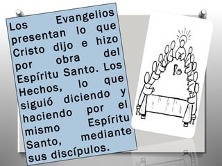 Evan  gelios
Los                 que
  resent  an lo
p                   hizo
          dijo e
 Cristo               del
           obra
 por                . Los
             Santo
  E spíritu           que
    echos   , lo
  H
             dicie ndo y
   siguió            r el
     aciend  o po
   h              Es  píritu
    m ismo           diante
                me
    S anto,
          discíp ulos.
     sus
 