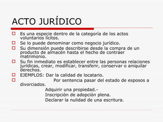 ACTO JURÍDICO
   Es una especie dentro de la categoría de los actos
    voluntarios lícitos.
   Se lo puede denominar como negocio jurídico.
   Su dimensión puede describirse desde la compra de un
    producto de almacén hasta el hecho de contraer
    matrimonio.
   Su fin inmediato es establecer entre las personas relaciones
    jurídicas, crear, modificar, transferir, conservar o aniquilar
    derechos.
   EJEMPLOS: Dar la calidad de locatario.
                    Por sentencia pasar del estado de esposos a
    divorciados.
                 Adquirir una propiedad.-
                 Inscripción de adopción plena.
                 Declarar la nulidad de una escritura.
 