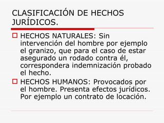 CLASIFICACIÓN DE HECHOS
JURÍDICOS.
 HECHOS NATURALES: Sin
  intervención del hombre por ejemplo
  el granizo, que para el caso de estar
  asegurado un rodado contra él,
  correspondera indemnización probado
  el hecho.
 HECHOS HUMANOS: Provocados por
  el hombre. Presenta efectos jurídicos.
  Por ejemplo un contrato de locación.
 