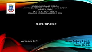 REPUBLICA BOLIVARIANADE VENEZUELA
MINISTERIO DEL PODER POPULAR PARA LA EDUCACION SUPERIOR
UNIVERSIDAD YACAMBU
FACULTAD DE CIENCIAS JURÍDICAS
ASIGNATURA: INTRODUCCIÓN AL DERECHO PENAL
EL HECHO PUNIBLE
Alumna: Zambrano C. Yeny C.
C.I.: V-14.819.427
Sección: ED01DOV
Valencia, Junio del 2016
 