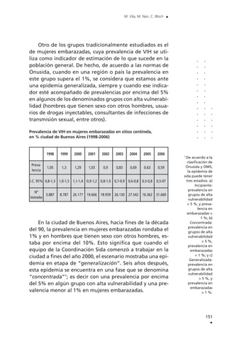 151
.
M. Vila, M. Nan, C. Bloch .
Otro de los grupos tradicionalmente estudiados es el
de mujeres embarazadas, cuya prevalencia de VIH se uti-
liza como indicador de estimación de lo que sucede en la
población general. De hecho, de acuerdo a las normas de
Onusida, cuando en una región o país la prevalencia en
este grupo supera el 1%, se considera que estamos ante
una epidemia generalizada, siempre y cuando ese indica-
dor esté acompañado de prevalencias por encima del 5%
en algunos de los denominados grupos con alta vulnerabi-
lidad (hombres que tienen sexo con otros hombres, usua-
rios de drogas inyectables, consultantes de infecciones de
transmisión sexual, entre otros).
Prevalencia de VIH en mujeres embarazadas en sitios centinela,
en % ciudad de Buenos Aires (1998-2006)
En la ciudad de Buenos Aires, hacia fines de la década
del 90, la prevalencia en mujeres embarazadas rondaba el
1% y en hombres que tienen sexo con otros hombres, es-
taba por encima del 10%. Esto significa que cuando el
equipo de la Coordinación Sida comenzó a trabajar en la
ciudad a fines del año 2000, el escenario mostraba una epi-
demia en etapa de “generalización”. Seis años después,
esta epidemia se encuentra en una fase que se denomina
“concentrada”1
; es decir con una prevalencia por encima
del 5% en algún grupo con alta vulnerabilidad y una pre-
valencia menor al 1% en mujeres embarazadas.
1998 1999 2000 2001 2002 2003 2004 2005 2006
Preva-
lencia
1,05 1,3 1,29 1,03 0,9 0,83 0,69 0.63 0,59
I.C. 95% 0,8-1,3 1,0-1,5 1,1-1,4 0,9-1,2 0,8-1,0 0,7-0,9 0,6-0,8 0,5-0,8 0,5-07
Nº
testeadas
5.887 8.787 26.177 19.666 18.959 26.130 27.542 16.362 31.660 ..............
..............
......
1
De acuerdo a la
clasificación de
Onusida y OMS,
la epidemia de
sida puede tener
tres estadios: a)
Incipiente:
prevalencia en
grupos de alta
vulnerabilidad
< 5 %, y preva-
lencia en
embarazadas <
1 %; b)
Concentrada:
prevalencia en
grupos de alta
vulnerabilidad
> 5 %,
prevalencia en
embarazadas
< 1 %; y c)
Generalizada:
prevalencia en
grupos de alta
vulnerabilidad
> 5 %, y
prevalencia en
embarazadas
> 1 %.
 