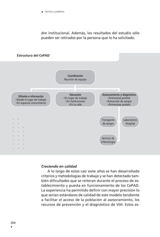 dre institucional. Además, los resultados del estudio sólo
pueden ser retirados por la persona que lo ha solicitado.
Creciendo en calidad
A lo largo de estos casi siete años se han desarrollado
criterios y metodologías de trabajo y se han detectado tam-
bién dificultades que se reiteran durante el proceso de es-
tablecimiento y puesta en funcionamiento de los CePAD.
La experiencia ha permitido definir con mayor precisión lo
que serían estándares de calidad de este modelo tendiente
a facilitar el acceso de la población al asesoramiento, los
recursos de prevención y el diagnóstico de VIH. Estos es-
264
.
. hechos y palabras
Estructura del CePAD
Asesoramiento y diagnóstico
Entrevistas pretest
Extracción de sangre
Entrevistas postest
Educación
En lugar de trabajo
En instituciones
En la calle
Coordinación
Reunión de equipo
Difusión e información
Desde el lugar de trabajo
En espacios comunitarios
Transporte
de sangre
Laboratorio
Hospital
Servicio de
Infectología
........
........
......
 