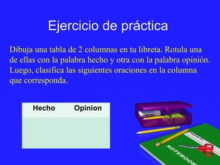 Ejercicio de prácticaEjercicio de práctica
Dibuja una tabla de 2 columnas en tu libreta. Rotula una
de ellas con la palabra hecho y otra con la palabra opinión.
Luego, clasifica las siguientes oraciones en la columna
que corresponda.
Hecho Opinion
 