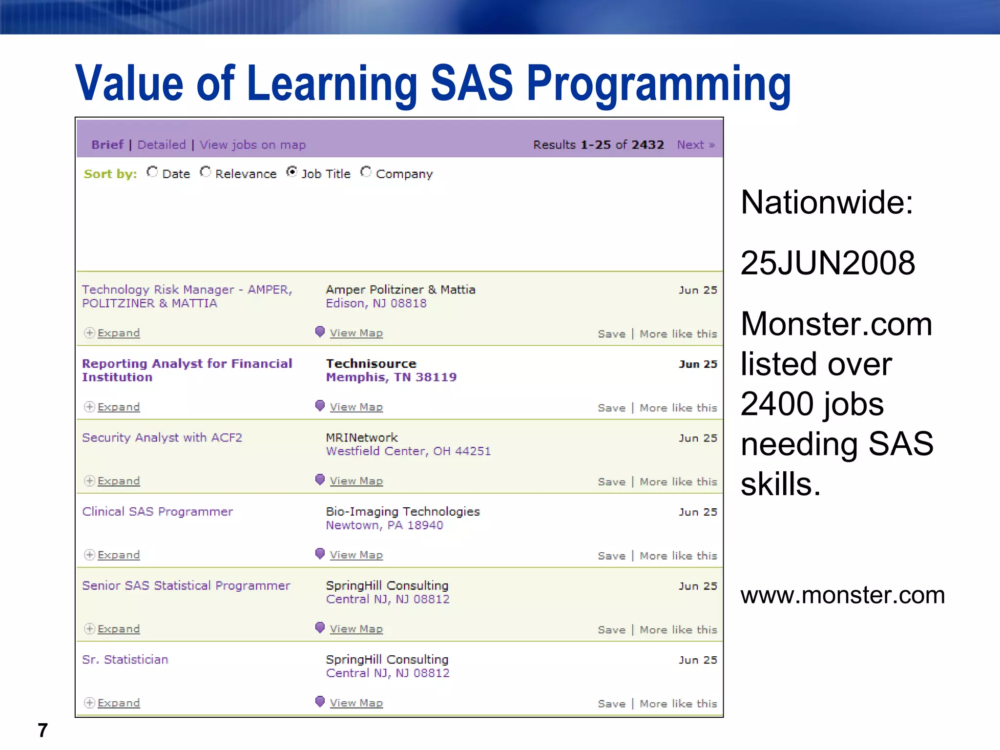 Value of Learning SAS Programming Nationwide: 25JUN2008  Monster.com listed over   2400 jobs needing SAS skills.  www.monster.com 