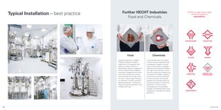 PHARMA 11
10
Typical Installation – best practice Discover our large product range
and HECHT systems at
www.hecht.eu
Chemicals
In the chemical sector, the require-
ments for process equipment have
considerably increased in the last
years.To some extent, the applied
substances are extremely valuable in
their high concentration but may on
the other hand be very hazardous for
the operator.The REACH regulation
as well as the increasing demands
in terms of product- and operator
protection are a decisive aspect for
the growing needs of Containment
equipment. In order to protect
the operator from consequential
damage, the threshold values of the
substances in use need to be strictly
adhered to.
Food
Designing machinery in Hygienic
Design combined with helpful
ergonomics for the operator have
become a matter of fact for us.
Retraceability, allergen management,
ATEX-compliance, plant availability
and quality management are further
topics that manufacturers of food
and nutritionals have to take care of
24 hours / 7 days a week.Therefore,
an investment in HECHT systems is
definitely paying off – among other
things we have the daily proof: many
satisfied customers.
Further HECHT Industries
Food and Chemicals
 