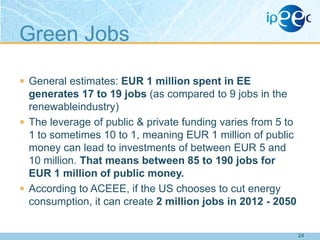 Green Jobs
 General estimates: EUR 1 million spent in EE

generates 17 to 19 jobs (as compared to 9 jobs in the
renewableindustry)
 The leverage of public & private funding varies from 5 to
1 to sometimes 10 to 1, meaning EUR 1 million of public
money can lead to investments of between EUR 5 and
10 million. That means between 85 to 190 jobs for
EUR 1 million of public money.
 According to ACEEE, if the US chooses to cut energy
consumption, it can create 2 million jobs in 2012 - 2050
24

 