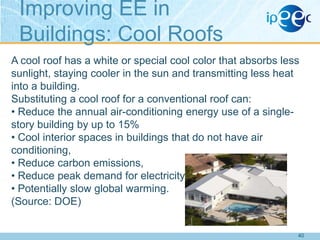 Improving EE in
Buildings: Cool Roofs
A cool roof has a white or special cool color that absorbs less
sunlight, staying cooler in the sun and transmitting less heat
into a building.
Substituting a cool roof for a conventional roof can:
• Reduce the annual air-conditioning energy use of a singlestory building by up to 15%
• Cool interior spaces in buildings that do not have air
conditioning,
• Reduce carbon emissions,
• Reduce peak demand for electricity,
• Potentially slow global warming.
(Source: DOE)
40

 