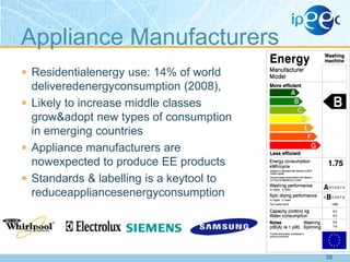 Appliance Manufacturers
 Residentialenergy use: 14% of world

deliveredenergyconsumption (2008),
 Likely to increase middle classes
grow&adopt new types of consumption
in emerging countries
 Appliance manufacturers are
nowexpected to produce EE products
 Standards & labelling is a keytool to
reduceappliancesenergyconsumption

56

 