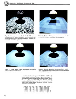 SIGGRAPH '90, Dallas, August 6-10, 1990
.7~:~"Z :" : •
I • ":J'g
Lgm":+ .... z2q " .4:!
Figure 7: Noisy appearance results when too few light rays are
received in each rex bucket (too few light rays or too fine a rex).
Scene consists of a diffuse sphere above a diffuse floor both illu-
minated by an overhead light source.
Figure 8: Blocky or blurry appearance results when rex buckets
are much larger than a screen pixel (too coarse a rex).
Figure 9: Proper balance of light sampling and rex sampling
reduces both noise and blockiness.
Figure 10: Rez with adaptation: the rex of the floor is initially a
single bucket, but it splits adaptively near the edges of the square
and near the shadow edge.
Statistics for these images are listed below, including the
number of light rays, the percentage of light rays striking an ob-
ject, the resolution of the rex, the resolution of the final picture,
the number of eye rays, and the CPU time. All images were com-
puted on a MIPS R2000 processor. The lens image used about 20
megabytes of memory~ mostly :for the light qu~dtree. Ray trees
were traced to a depth of 5.
#LRAYS %HIT REX I EYE #ERAYS
87,400 10% 128~ I 256~ 246,000
87,400 10% 82 2562 139,000
822,000 68% 1282 2562 146,000
331,000 20% vbl 2562 139,000
1,080,000 61% 256~ 5122 797,000
TIME I FIG1.0 min. fig. 7
0.6 rain. fig. 8
3.5 rain. fig. 9
1.3 rain. fig. 10
6.4 rain. fig. 12
152
 