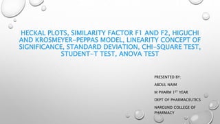 HECKAL PLOTS, SIMILARITY FACTOR F1 AND F2, HIGUCHI
AND KROSMEYER-PEPPAS MODEL, LINEARITY CONCEPT OF
SIGNIFICANCE, STANDARD DEVIATION, CHI-SQUARE TEST,
STUDENT-T TEST, ANOVA TEST
PRESENTED BY:
ABDUL NAIM
M PHARM 1ST YEAR
DEPT OF PHARMACEUTICS
NARGUND COLLEGE OF
PHARMACY
 
