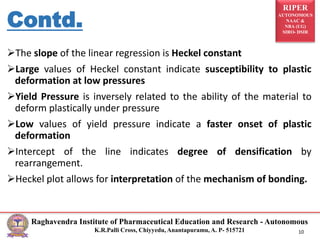 RIPER
AUTONOMOUS
NAAC &
NBA (UG)
SIRO- DSIR
Raghavendra Institute of Pharmaceutical Education and Research - Autonomous
K.R.Palli Cross, Chiyyedu, Anantapuramu, A. P- 515721 10
The slope of the linear regression is Heckel constant
Large values of Heckel constant indicate susceptibility to plastic
deformation at low pressures
Yield Pressure is inversely related to the ability of the material to
deform plastically under pressure
Low values of yield pressure indicate a faster onset of plastic
deformation
Intercept of the line indicates degree of densification by
rearrangement.
Heckel plot allows for interpretation of the mechanism of bonding.
Contd.
 