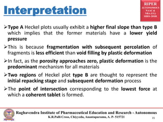 RIPER
AUTONOMOUS
NAAC &
NBA (UG)
SIRO- DSIR
Raghavendra Institute of Pharmaceutical Education and Research - Autonomous
K.R.Palli Cross, Chiyyedu, Anantapuramu, A. P- 515721 15
Type A Heckel plots usually exhibit a higher final slope than type B
which implies that the former materials have a lower yield
pressure
This is because fragmentation with subsequent percolation of
fragments is less efficient than void filling by plastic deformation
In fact, as the porosity approaches zero, plastic deformation is the
predominant mechanism for all materials
Two regions of Heckel plot type B are thought to represent the
initial repacking stage and subsequent deformation process
The point of intersection corresponding to the lowest force at
which a coherent tablet is formed.
Interpretation
 