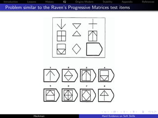 Introduction   Lessons        History   IQ   Origins Modern   Stability       Appendix       References

 Problem similar to the Raven’s Progressive Matrices test items




                    Heckman                                   Hard Evidence on Soft Skills
 