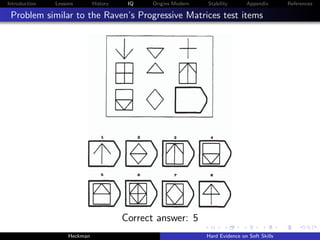 Introduction   Lessons        History    IQ   Origins Modern   Stability       Appendix       References

 Problem similar to the Raven’s Progressive Matrices test items




                                        Correct answer: 5
                    Heckman                                    Hard Evidence on Soft Skills
 