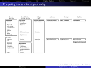 Introduction             Lessons           History        IQ           Origins Modern               Stability           Appendix              References

 Competing taxonomies of personality



           Evsenck               Costa & McCrae            Tellegen                Zuckerman                Cloninger              Big Nine
           Big Three            NEO-PRF Big Five            MPQ
     Neuroticism             Neuroticism             Negative Emotionality   Neuroticism-Anxiety      Harm Avoidance        Adjustment
       Anxious                 Anxiety                 Stress reaction
                               Vulnerability
       Depressed               Depression
       Guilt-feeling
       Low self-esteem
       Tense
       Irrational
       Shy                     Self-consciousness      Alienation
       Moody
       Emotional               Impulsiveness

     Psychotism
       Aggressive              Hostility               Aggression            Aggression-Hostility     Cooperativeness       Agreeableness
       Cold
       Egocentric                                                                                                           Rugged Individualism
       Impersonal            Agreeableness
       Anti-social            Altruism
       Unempathic             Compliance
       Tough-minded           Tendermindedness
                              Straightforwardness
                              Trust
       (cont.)                Modesty




                              Heckman                                                               Hard Evidence on Soft Skills
 