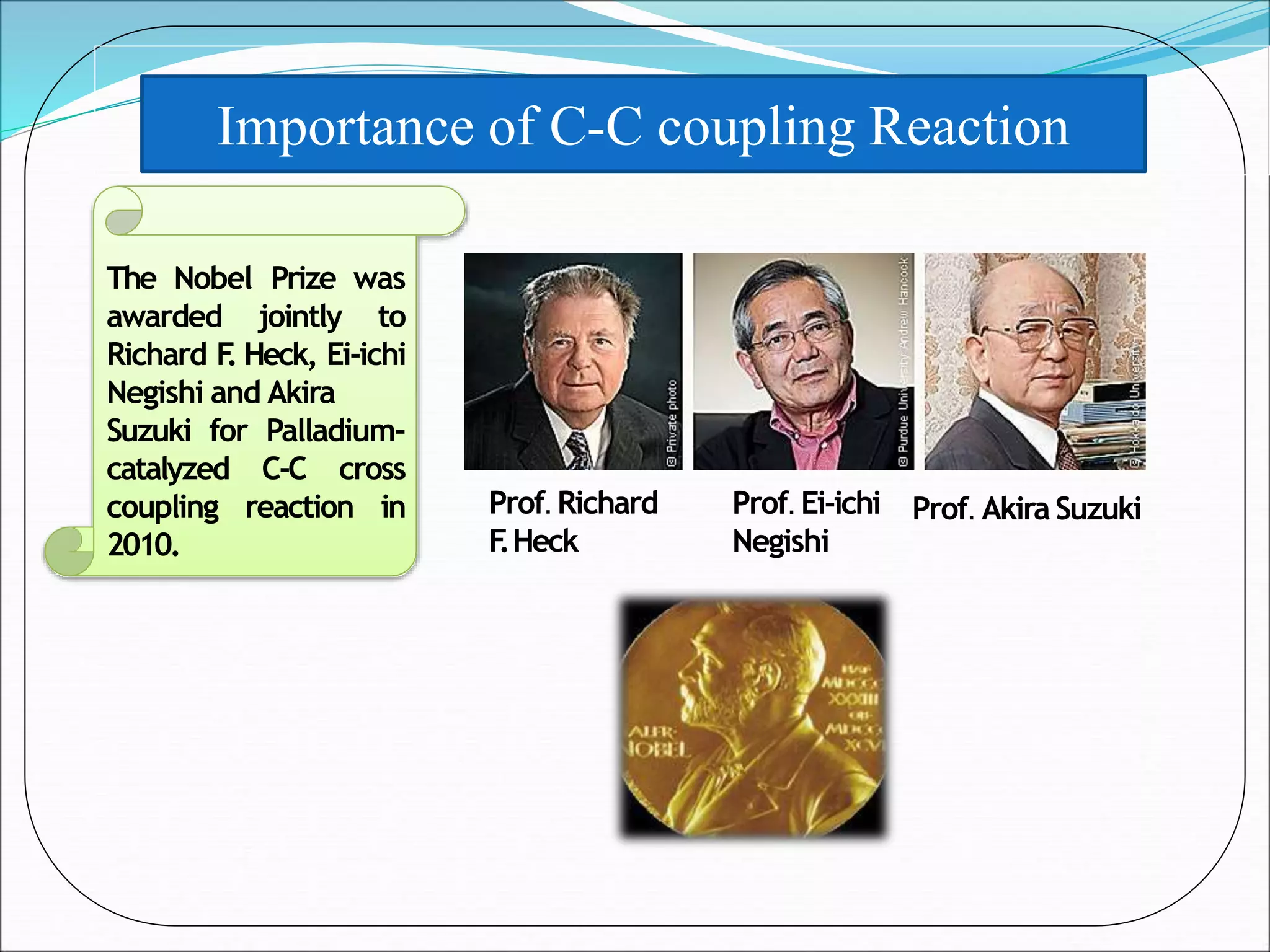 Prof. Akira SuzukiProf.Richard
F.Heck
Prof. Ei-ichi
Negishi
The Nobel Prize was
awarded jointly to
Richard F. Heck, Ei-ichi
Negishi and Akira
Suzuki for Palladium-
catalyzed C-C cross
coupling reaction in
2010.
Importance of C-C coupling Reaction